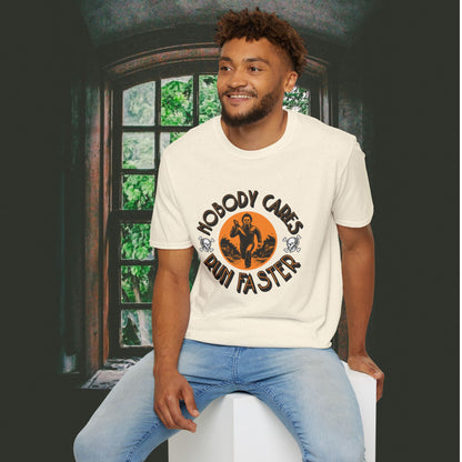 Nobody Cares Run Faster - Michael Running Myers on Halloween Horror Fun with Skulls Shirt - Unisex Softstyle T-Shirt