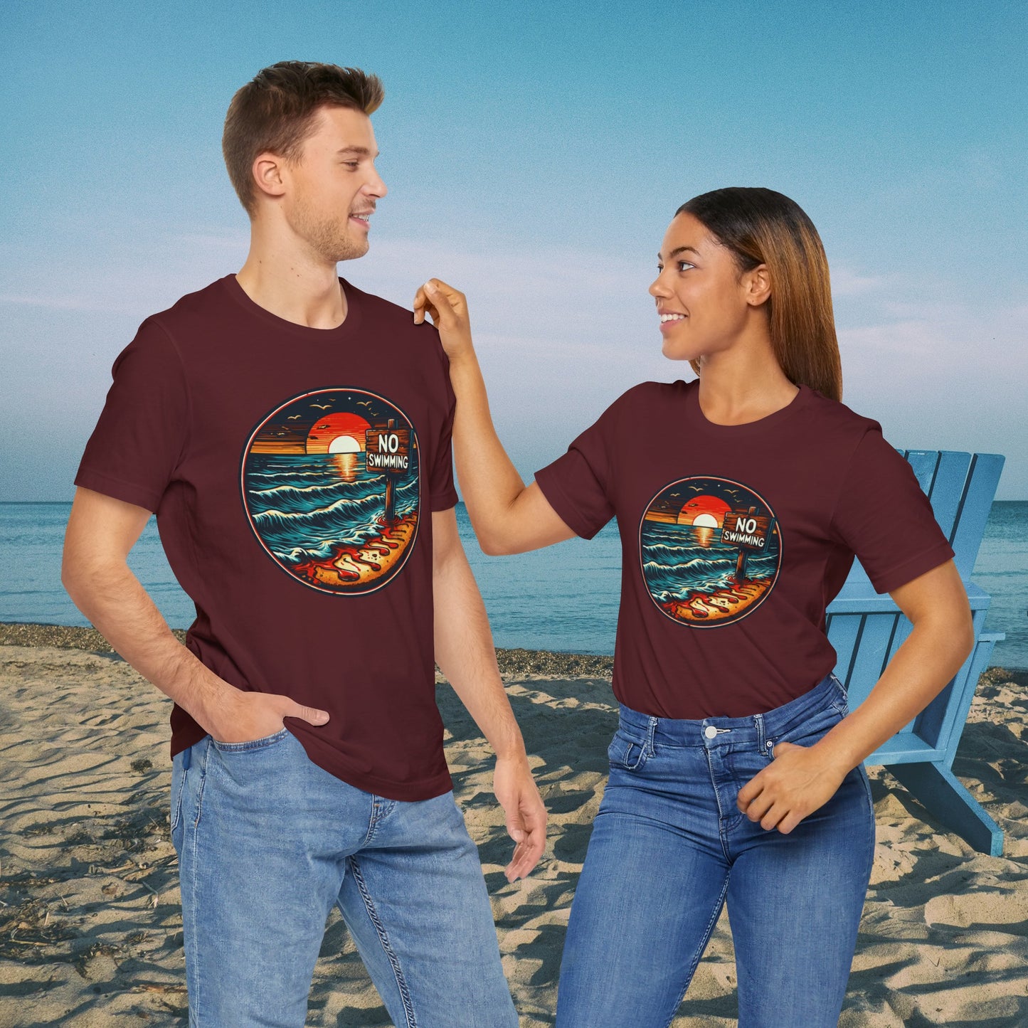 No Swimming Bloody Water Beach Unisex Jersey Short Sleeve T-Shirt Horror Ocean Shark