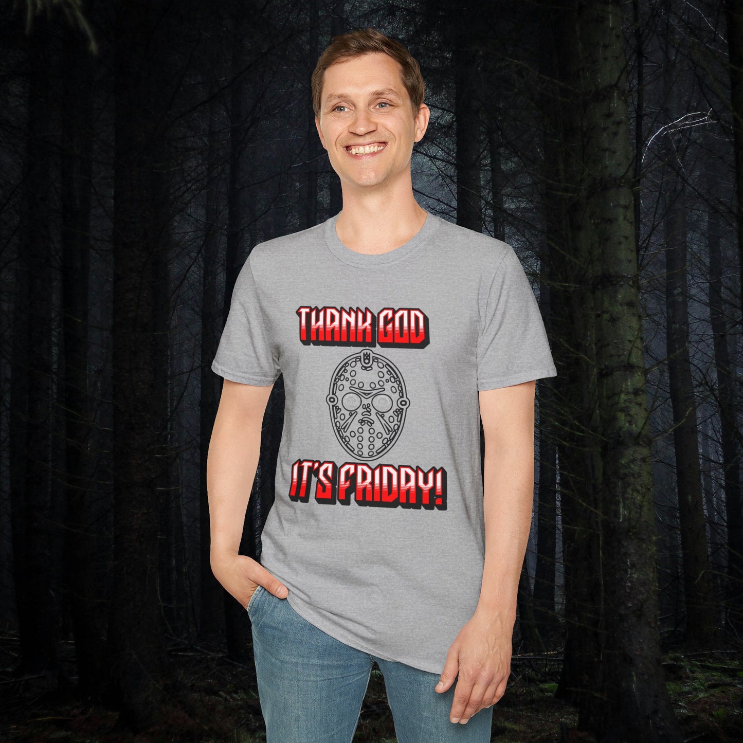 Thank god, It's Friday! TGIF Unisex Softstyle T-Shirt Jason Hockey Mask Horror Fun