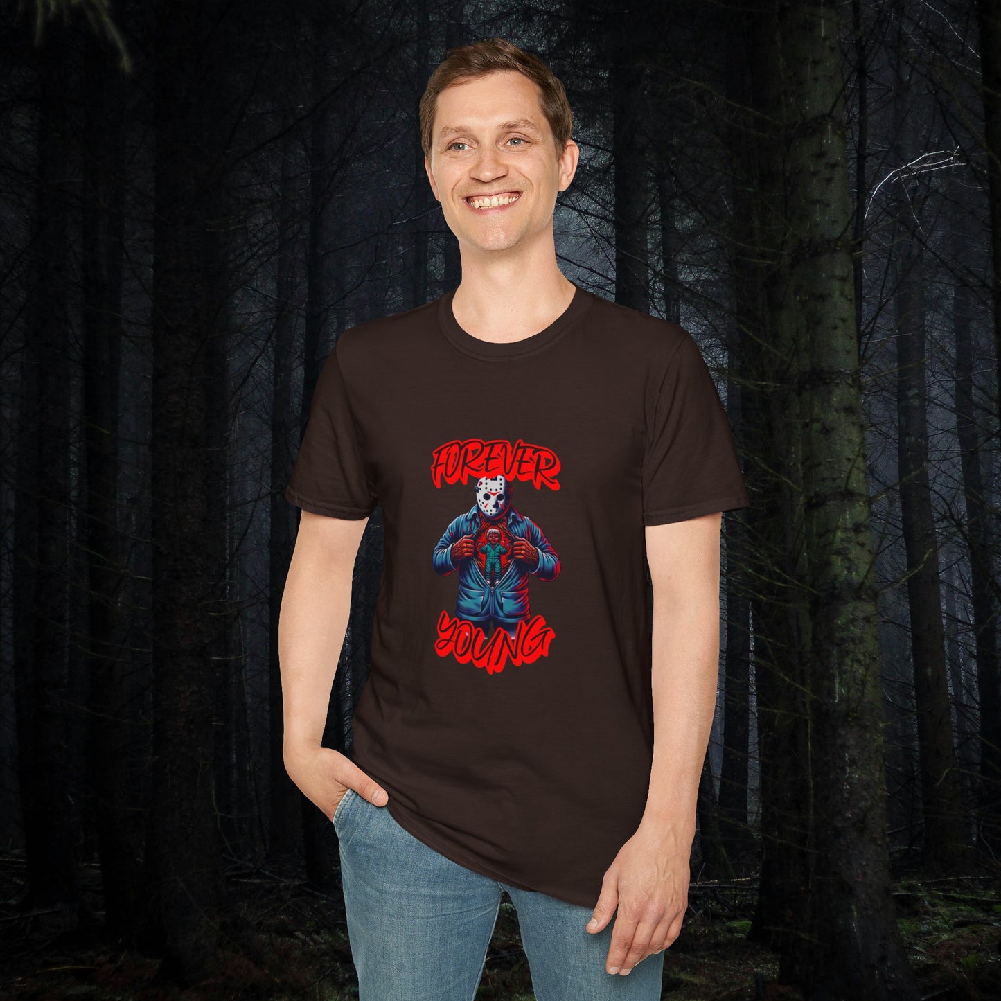 Horrorvational Forever Young Horror Fun Jason With The Mask On Voorhees Unisex Softstyle T-Shirt Friday Shirt