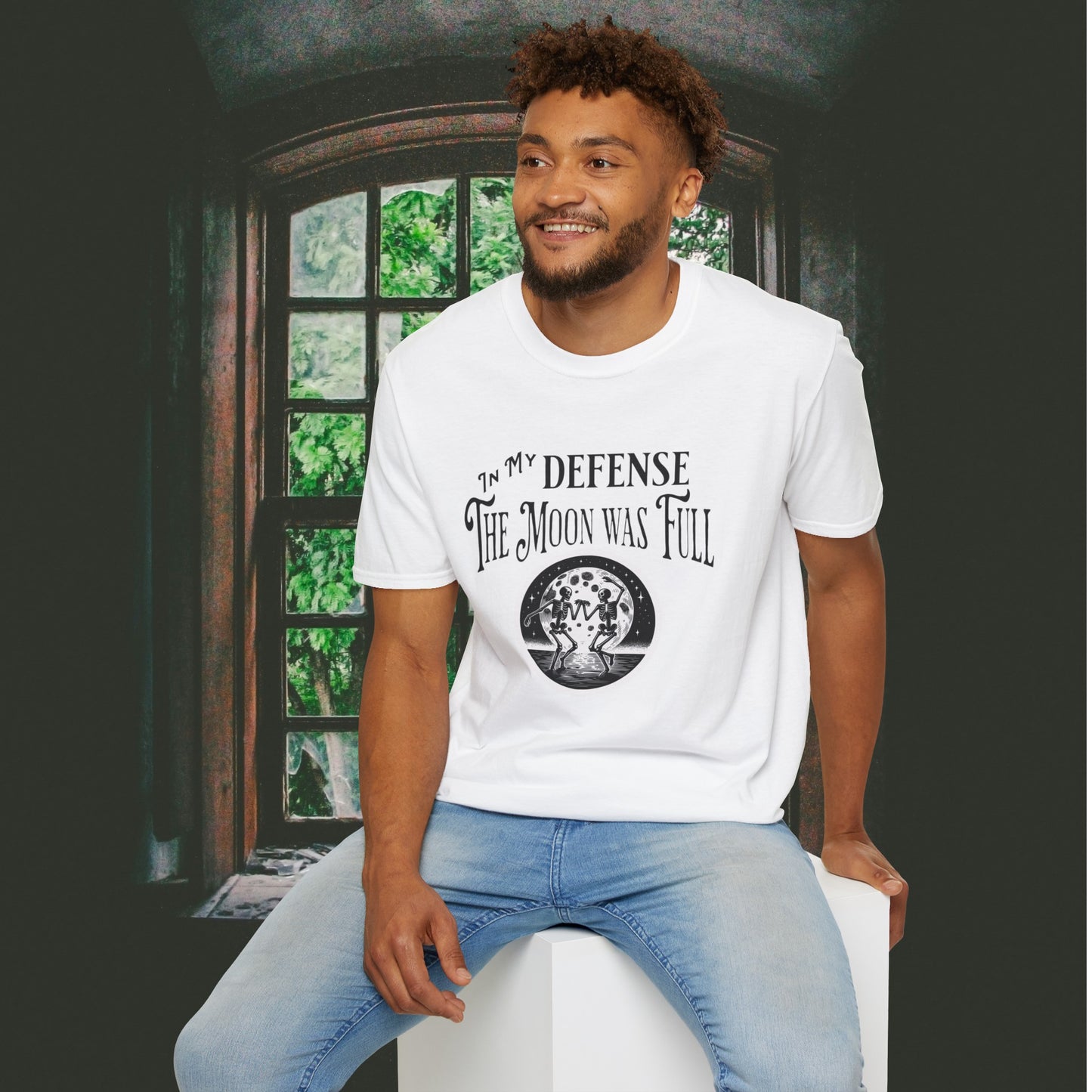 In My Defense The Moon Was Full - Full Moon Skeleton Gothic Skull Dancing Shirt - Unisex Softstyle T-Shirt