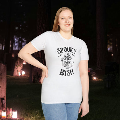 Spooky Bish Skeleton with Sunglasses and Peace Sign Gothic Horror Fun Unisex Softstyle T-Shirt