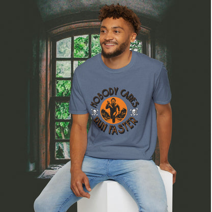 Nobody Cares Run Faster - Michael Running Myers on Halloween Horror Fun with Skulls Shirt - Unisex Softstyle T-Shirt