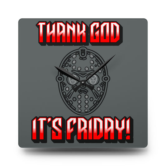 TGIF! Thank God It's Friday Hockey Mask Art Jason Acrylic Square Wall Clock Horror Fun