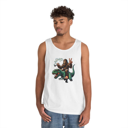 Bigfoot Riding T Rex Tank Top - 420 Peace Sign Design