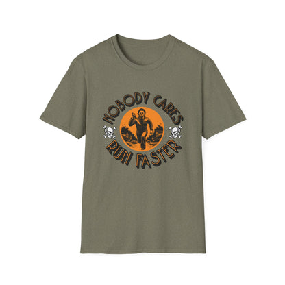 Nobody Cares Run Faster - Michael Running Myers on Halloween Horror Fun with Skulls Shirt - Unisex Softstyle T-Shirt