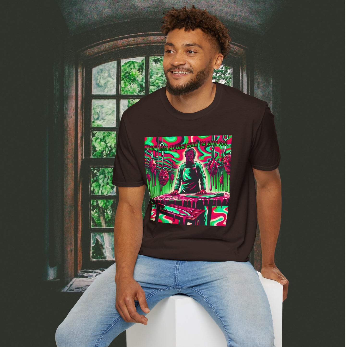 Horradelic I Can't Feel My Face When I'm With You Faceless Cannibal In Texas Slaughterhouse Horror Fun Unisex Softstyle T-Shirt