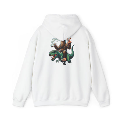 Bigfoot Riding Dinosaur Hoodie — Retro Smoking Sasquatch Graphic Sweatshirt