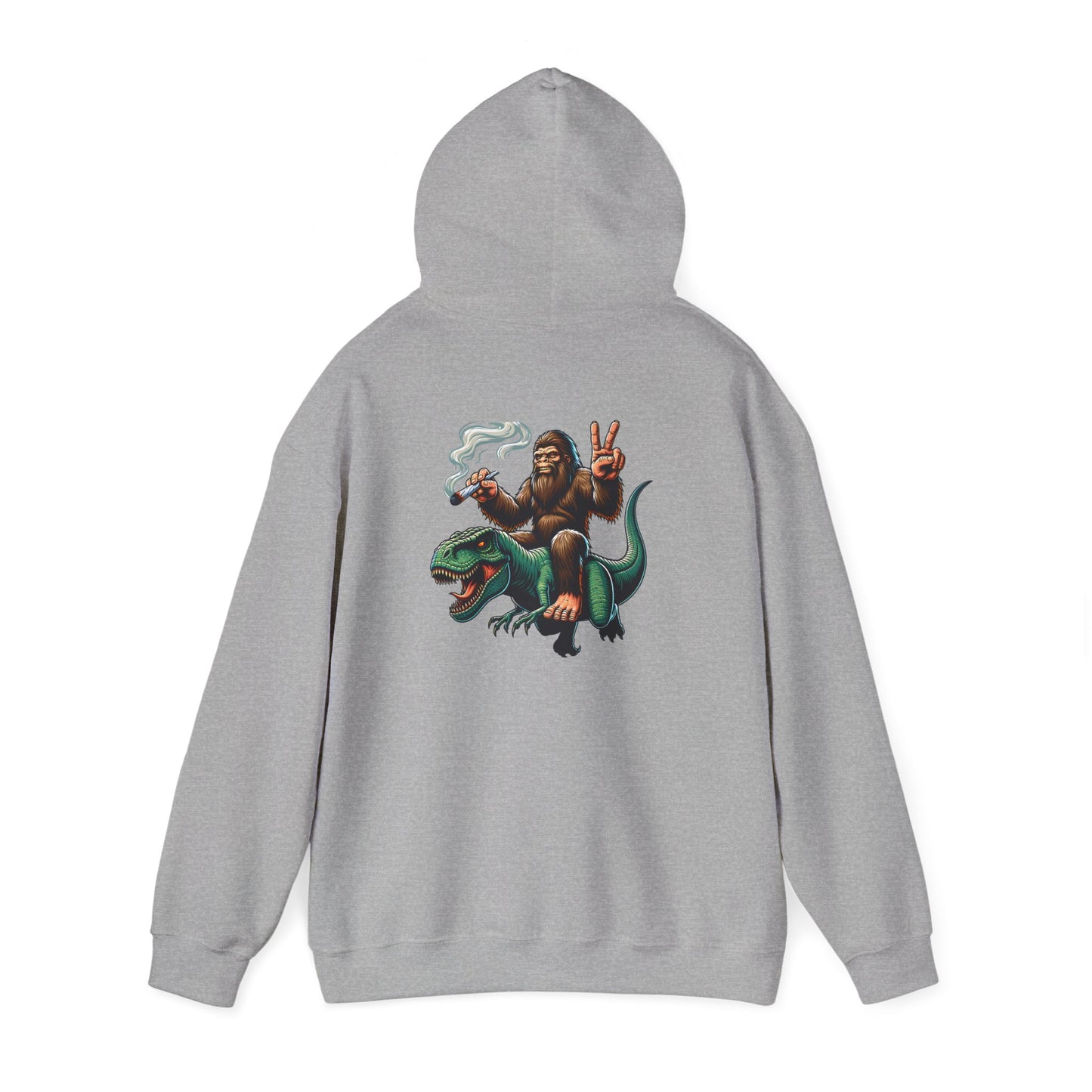 Bigfoot Riding Dinosaur Hoodie — Retro Smoking Sasquatch Graphic Sweatshirt