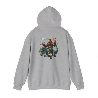 Bigfoot Riding Dinosaur Hoodie — Retro Smoking Sasquatch Graphic Sweatshirt
