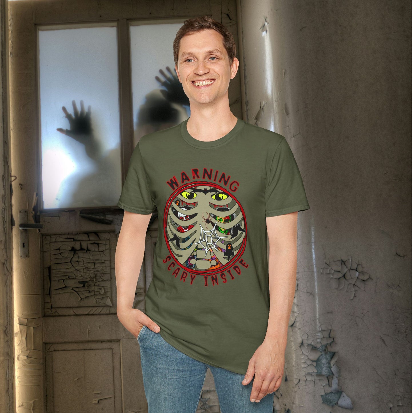 Warning Scary Inside Unisex Softstyle T-Shirt Halloween Party Fun Scary Funny