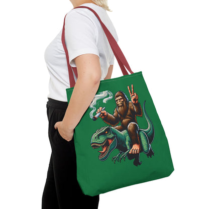 Tote Bag - Bigfoot Riding a T Rex Peace Sign 420 Design