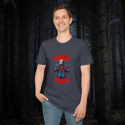 Horrorvational Forever Young Horror Fun Jason With The Mask On Voorhees Unisex Softstyle T-Shirt Friday Shirt