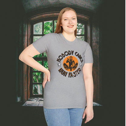 Nobody Cares Run Faster - Michael Running Myers on Halloween Horror Fun with Skulls Shirt - Unisex Softstyle T-Shirt