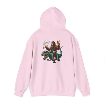 Bigfoot Riding Dinosaur Hoodie — Retro Smoking Sasquatch Graphic Sweatshirt