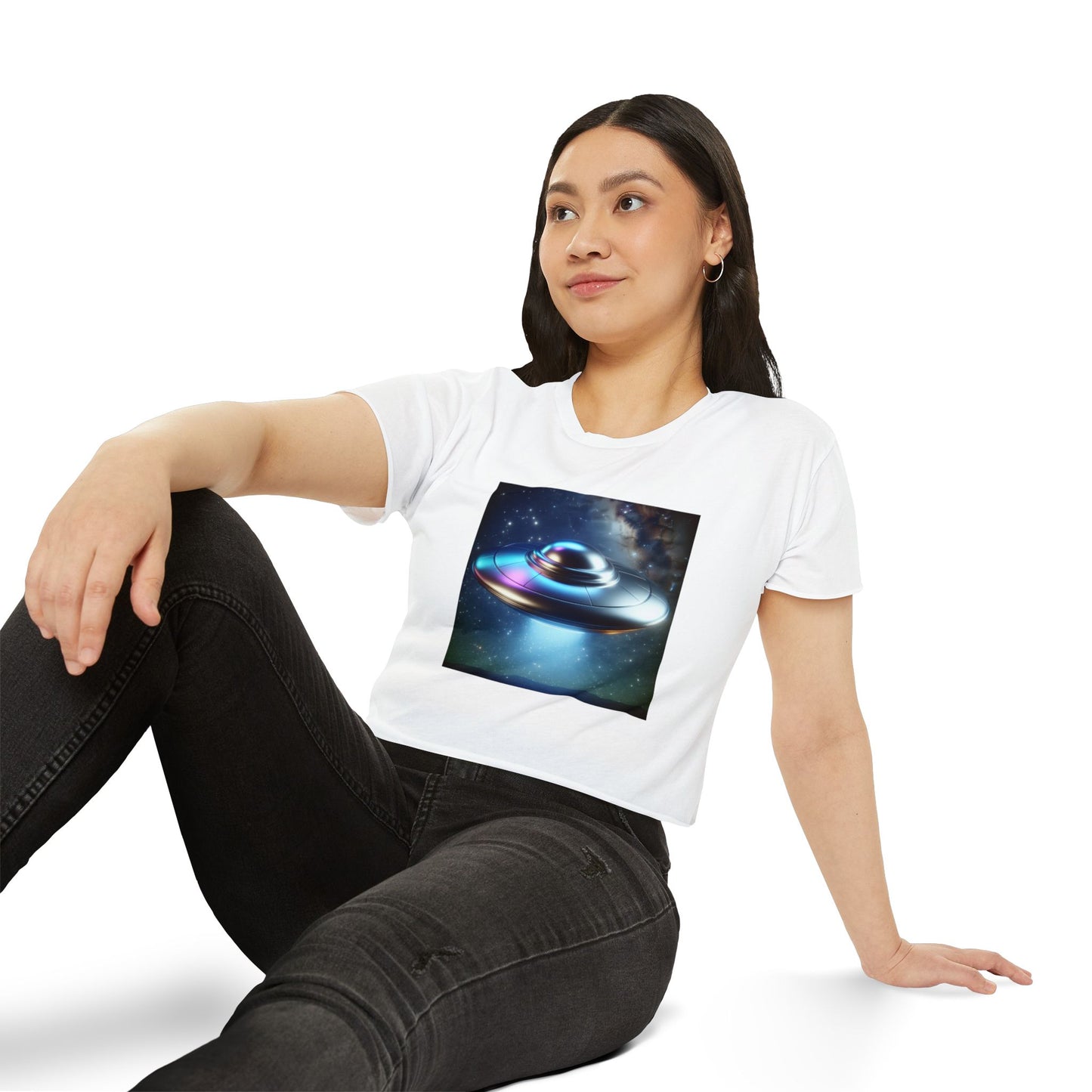 Women's Festival UFO Crop Top - Cosmic Graphic Tee for Music and Art Lovers