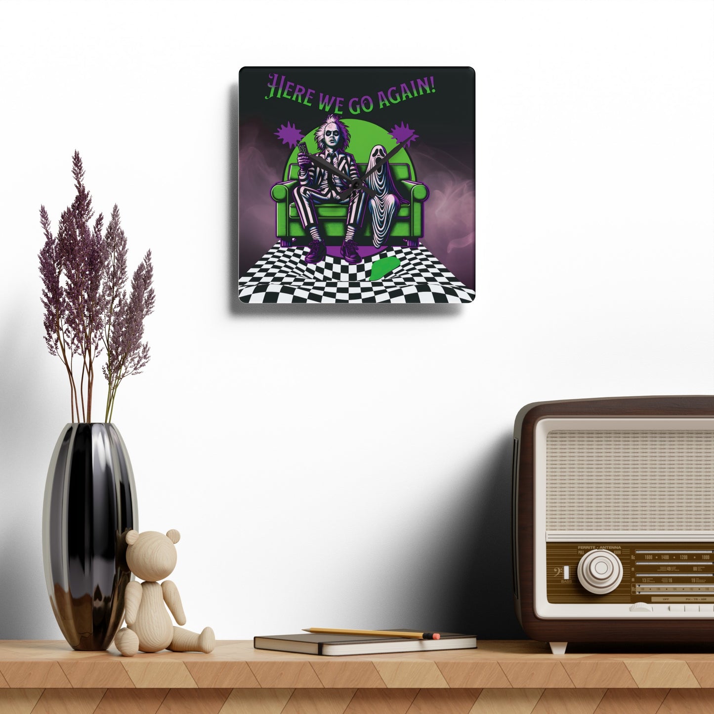 Beetlejuice 2 Inspired Here We Go Again Horror Fun 10" x 10"  Acrylic Wall Hanging Clock