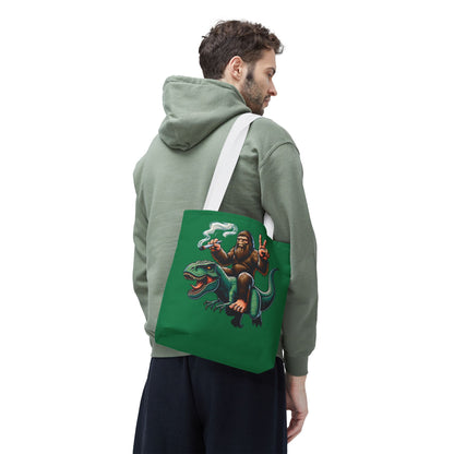 Tote Bag - Bigfoot Riding a T Rex Peace Sign 420 Design