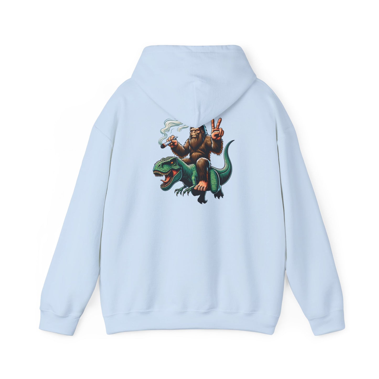 Bigfoot Riding Dinosaur Hoodie — Retro Smoking Sasquatch Graphic Sweatshirt