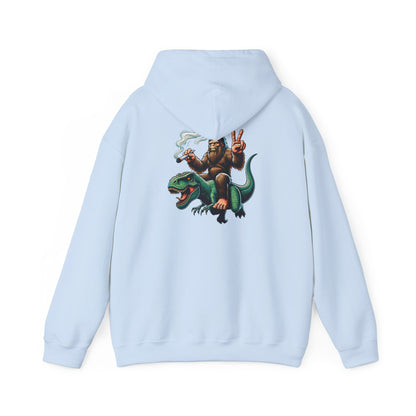 Bigfoot Riding Dinosaur Hoodie — Retro Smoking Sasquatch Graphic Sweatshirt