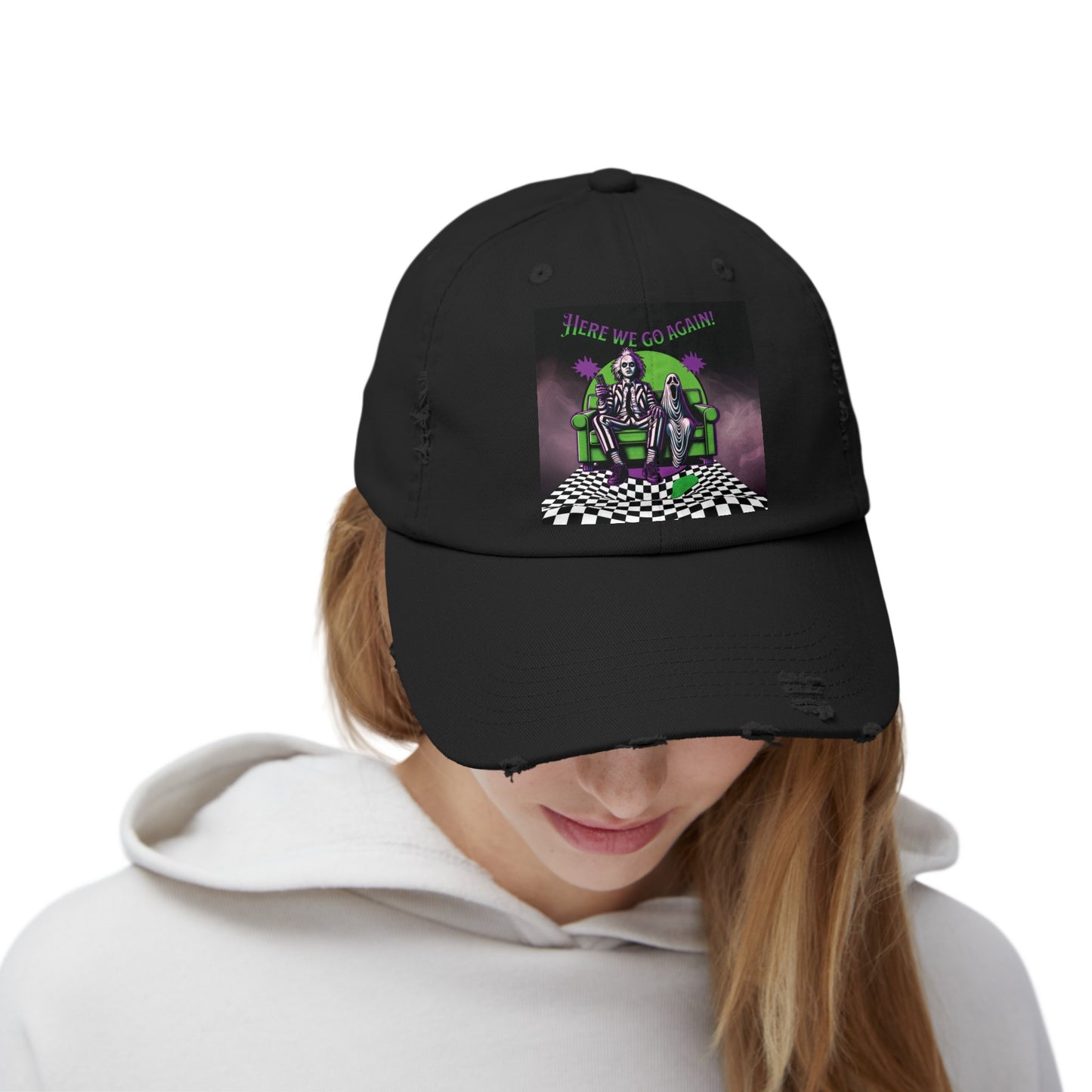 Beetlejuice 2 Inspired Here We Go Again Horror Fun Unisex Distressed Baseball Cap Hat