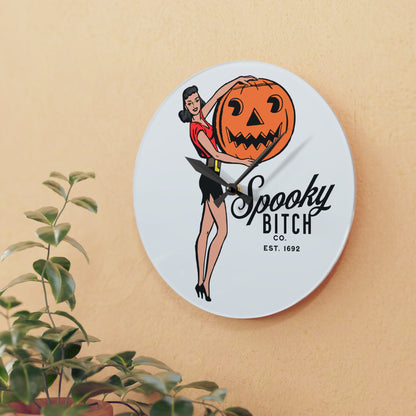 Spooky B!tch Co Est 1692 50's Style Woman Holding Pumpkin Halloween Gothic Fun Witch Acrylic Wall Clock Multiple styles