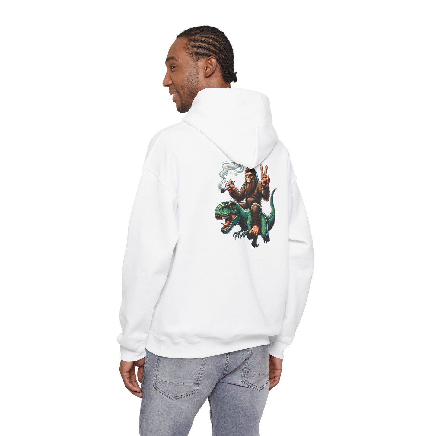 Bigfoot Riding Dinosaur Hoodie — Retro Smoking Sasquatch Graphic Sweatshirt