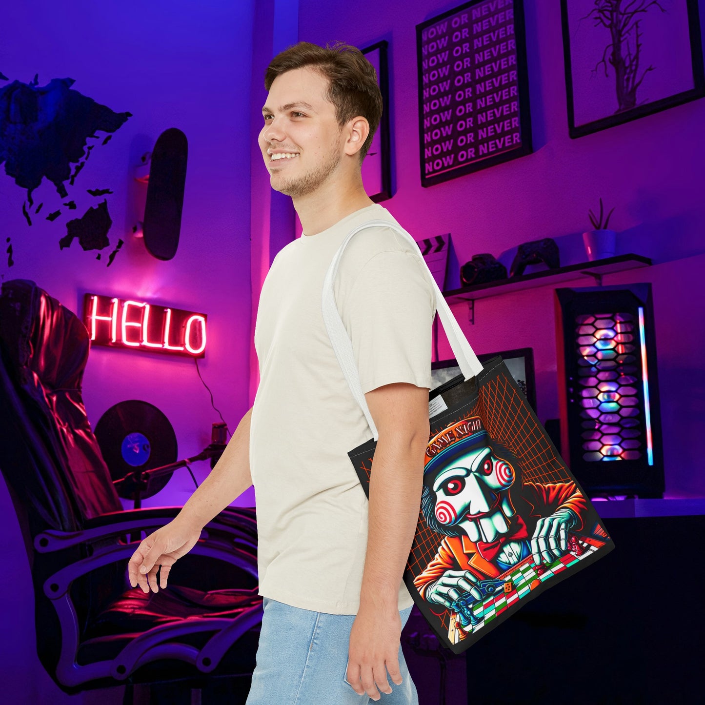 Game Night Billy Wearing A Hat The Puppet Playing Lunch Beach Gamer Carry Tote Bag (AOP) Horror Fun