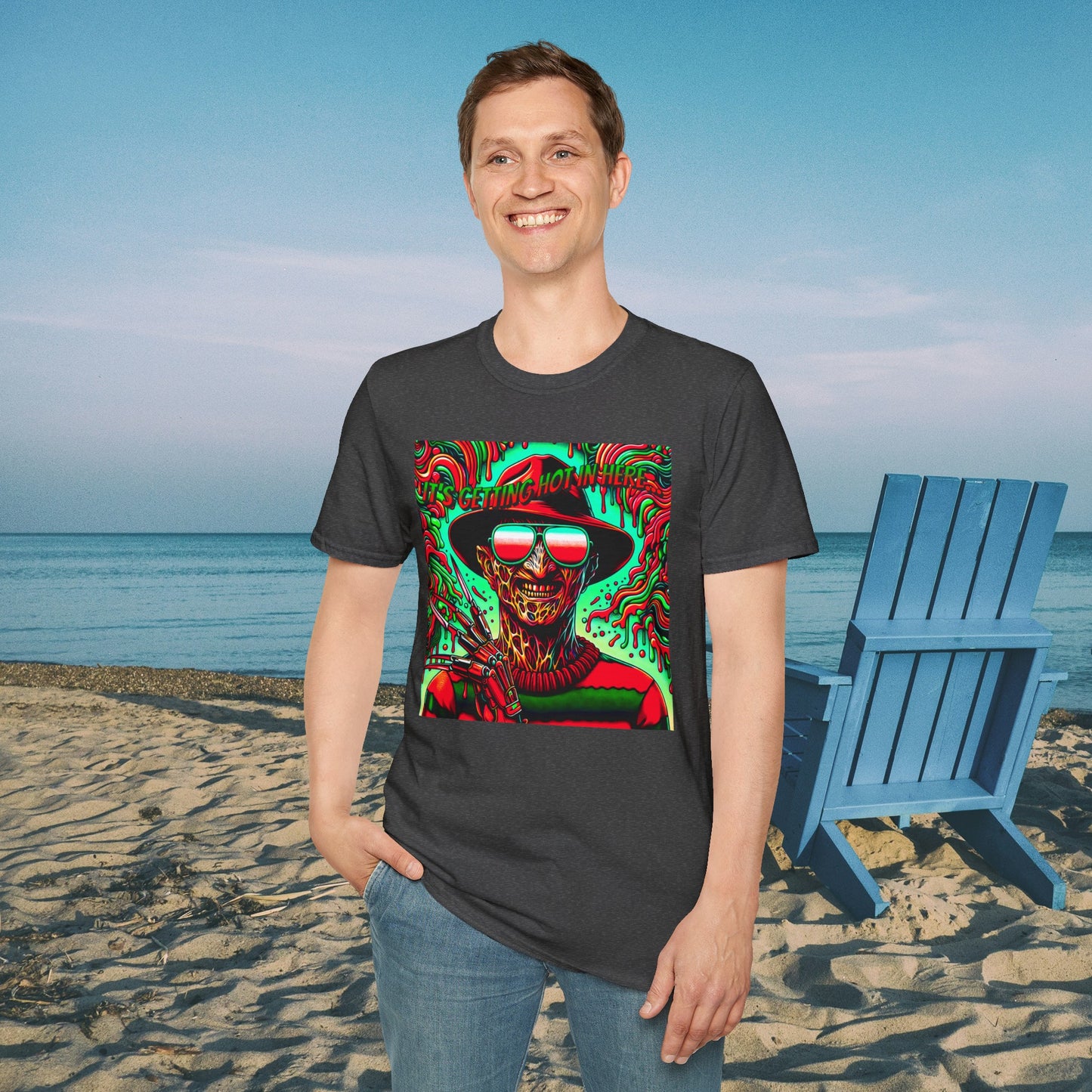 Horradelic Horror Freddy With Sunglasses Krueger It's Getting Hot In Here Unisex Softstyle T-Shirt Nightmare Fun Shirt Elm St