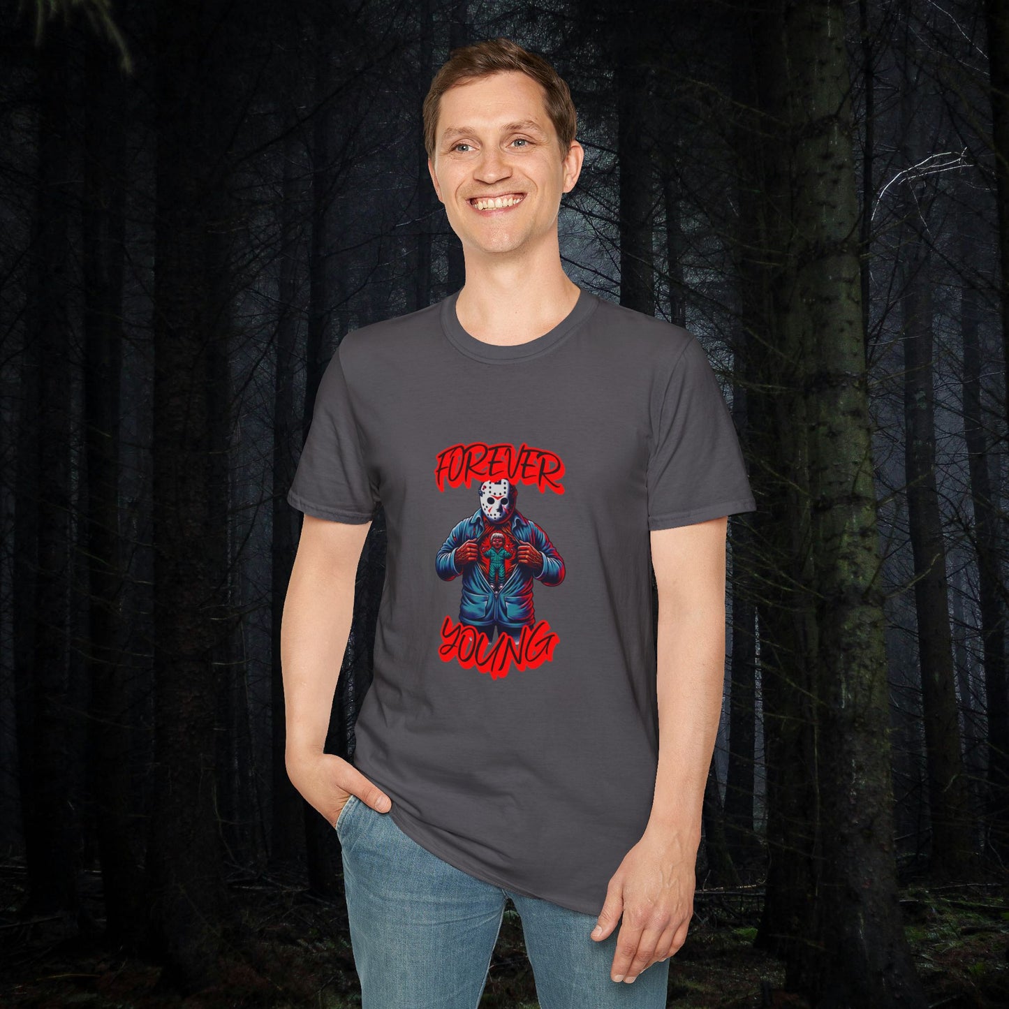 Horrorvational Forever Young Horror Fun Jason With The Mask On Voorhees Unisex Softstyle T-Shirt Friday Shirt