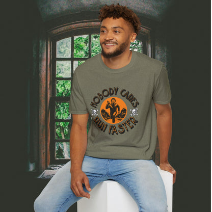 Nobody Cares Run Faster - Michael Running Myers on Halloween Horror Fun with Skulls Shirt - Unisex Softstyle T-Shirt