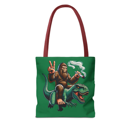 Tote Bag - Bigfoot Riding a T Rex Peace Sign 420 Design