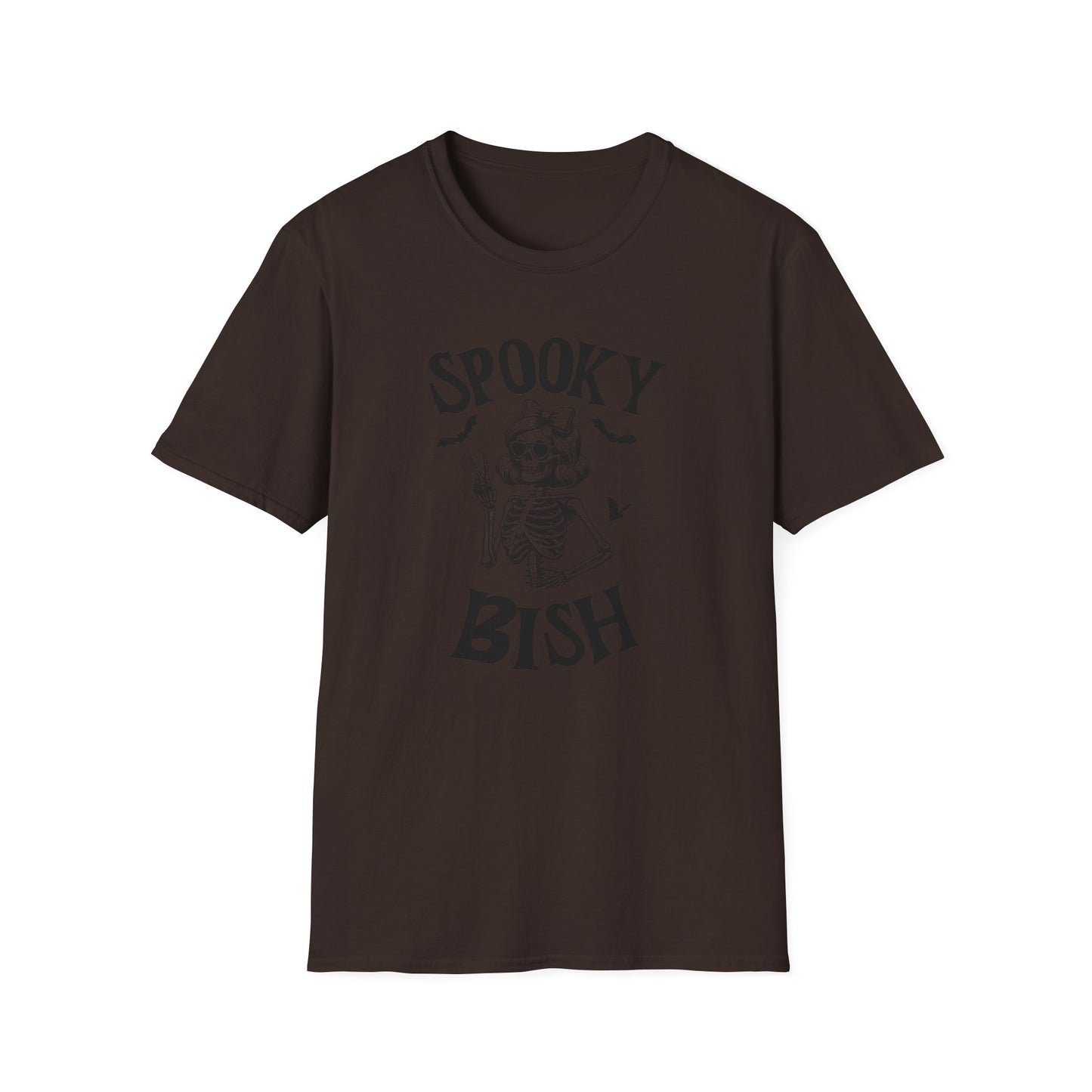 Spooky Bish Skeleton with Sunglasses and Peace Sign Gothic Horror Fun Unisex Softstyle T-Shirt