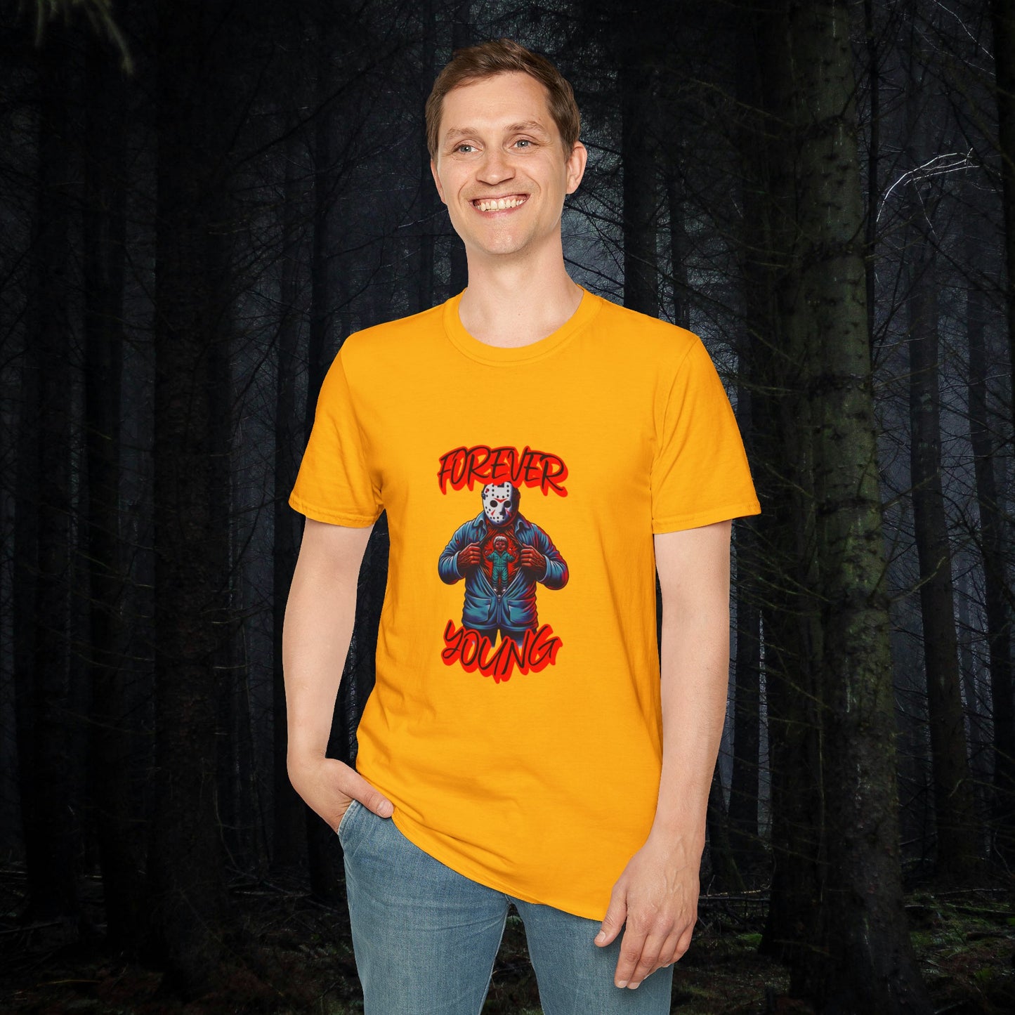 Horrorvational Forever Young Horror Fun Jason With The Mask On Voorhees Unisex Softstyle T-Shirt Friday Shirt