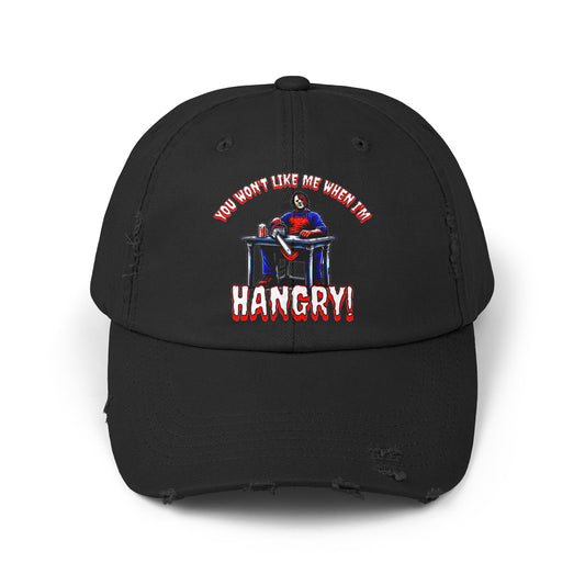 You Won't Like Me When I'm Hangry Leather Chainsaw Guy Cannibal Horror Fun Hat Unisex Distressed Cap