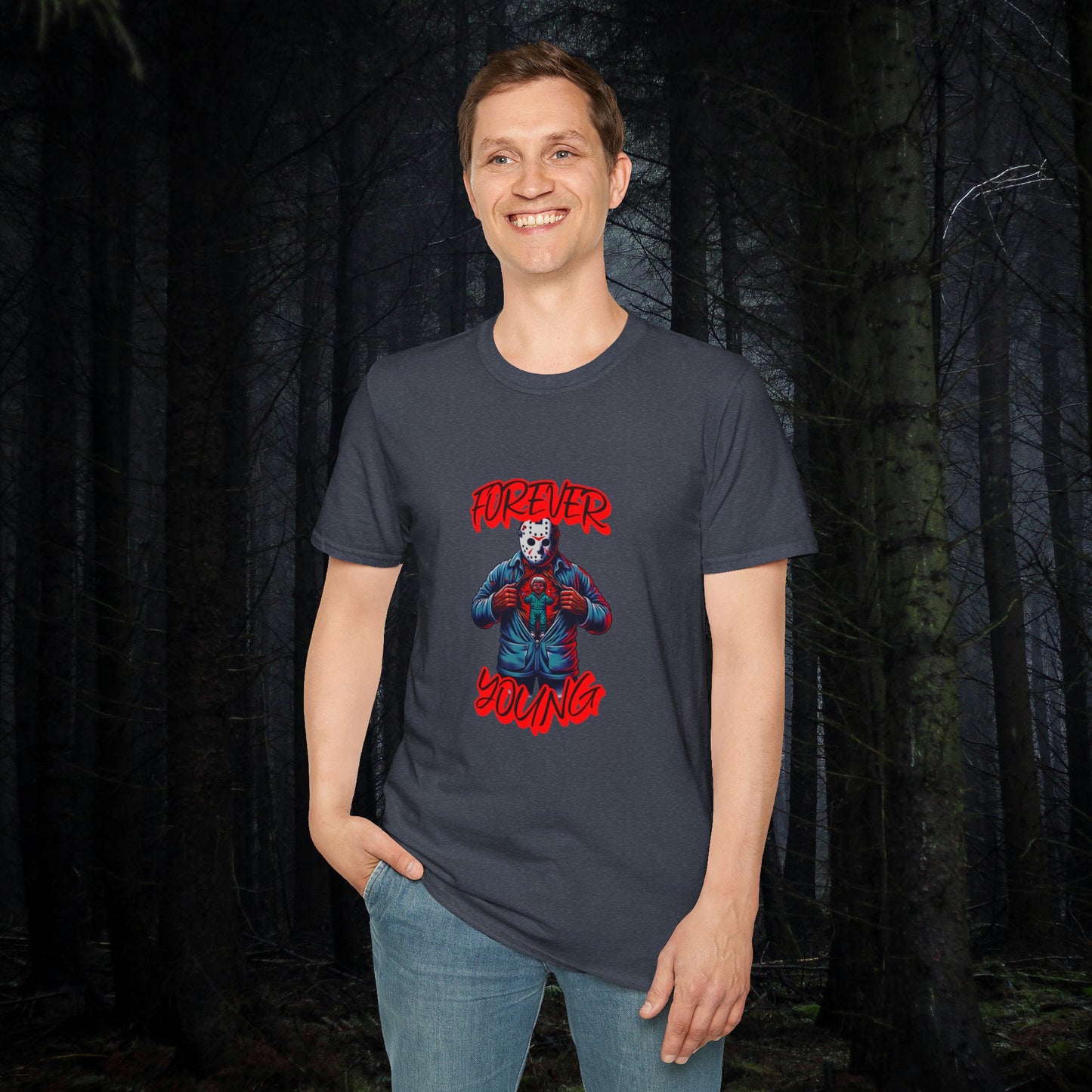 Horrorvational Forever Young Horror Fun Jason With The Mask On Voorhees Unisex Softstyle T-Shirt Friday Shirt