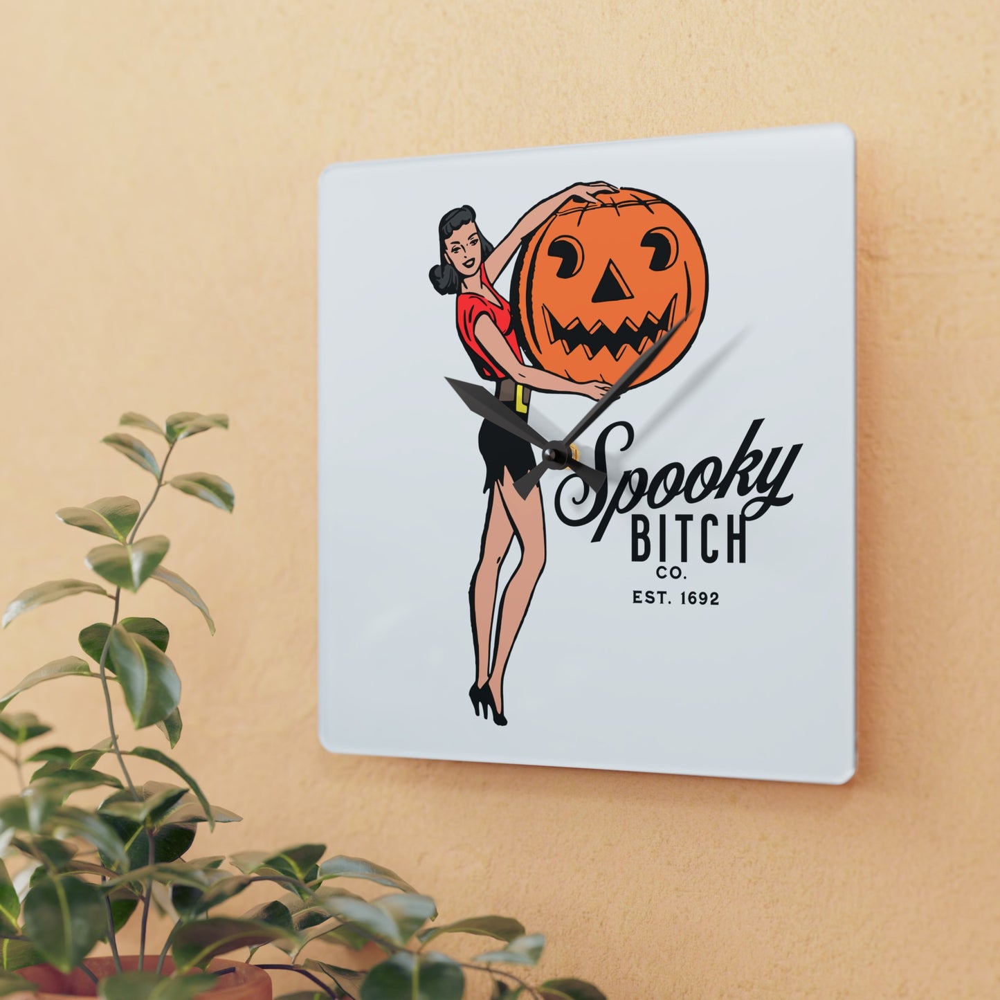 Spooky B!tch Co Est 1692 50's Style Woman Holding Pumpkin Halloween Gothic Fun Witch Acrylic Wall Clock Multiple styles