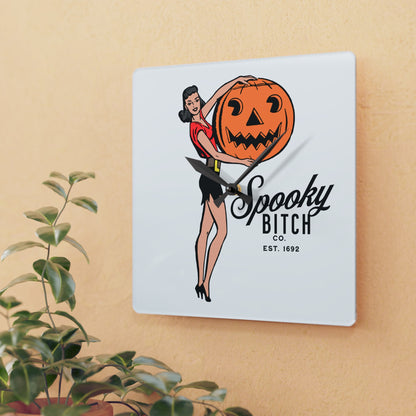 Spooky B!tch Co Est 1692 50's Style Woman Holding Pumpkin Halloween Gothic Fun Witch Acrylic Wall Clock Multiple styles