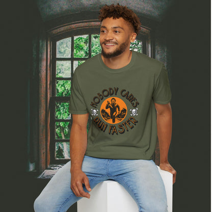 Nobody Cares Run Faster - Michael Running Myers on Halloween Horror Fun with Skulls Shirt - Unisex Softstyle T-Shirt