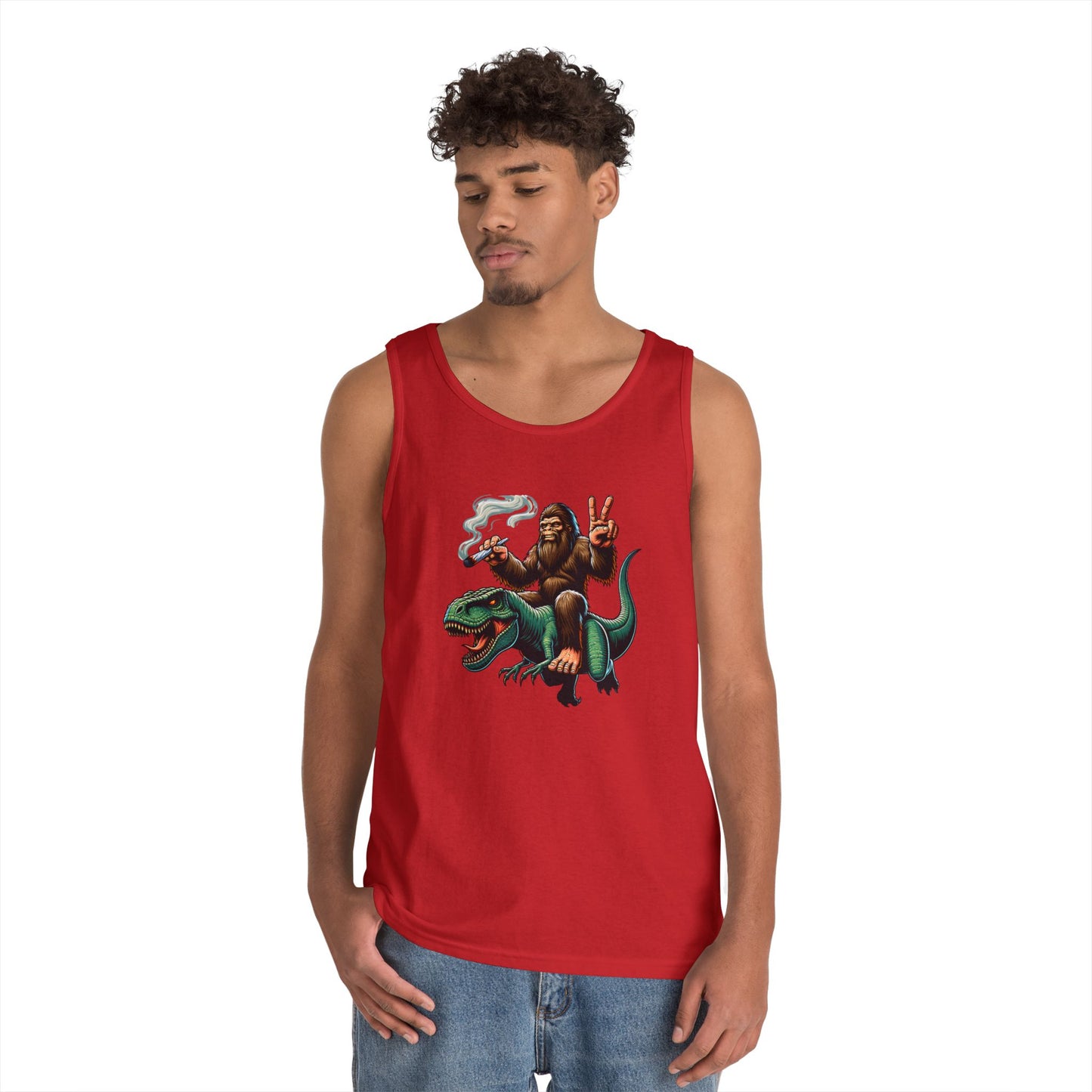 Bigfoot Riding T Rex Tank Top - 420 Peace Sign Design