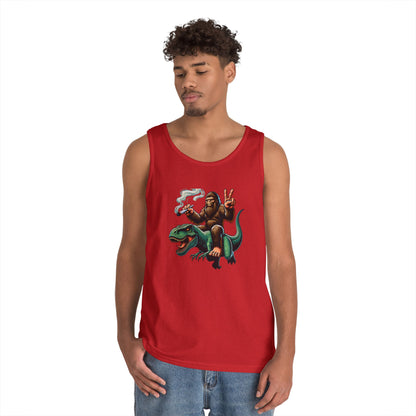 Bigfoot Riding T Rex Tank Top - 420 Peace Sign Design