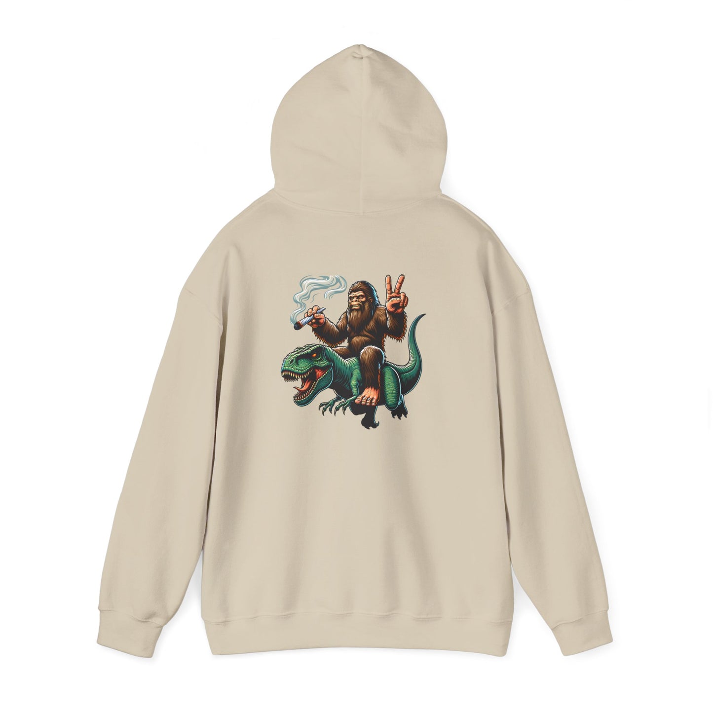 Bigfoot Riding Dinosaur Hoodie — Retro Smoking Sasquatch Graphic Sweatshirt