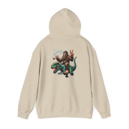 Bigfoot Riding Dinosaur Hoodie — Retro Smoking Sasquatch Graphic Sweatshirt