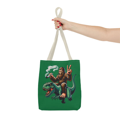 Tote Bag - Bigfoot Riding a T Rex Peace Sign 420 Design