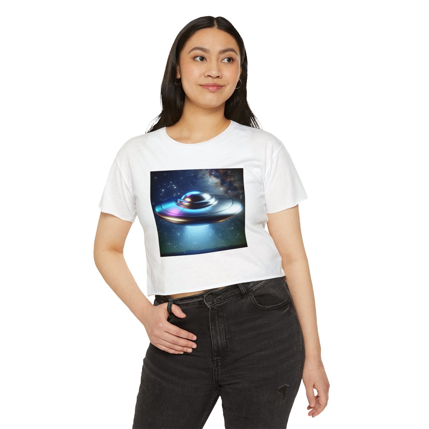 Women's Festival UFO Crop Top - Cosmic Graphic Tee for Music and Art Lovers