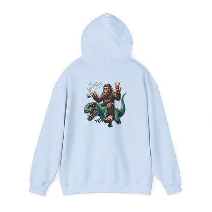 Bigfoot Riding Dinosaur Hoodie — Retro Smoking Sasquatch Graphic Sweatshirt
