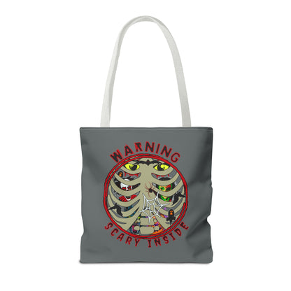 Warning, Scary Inside Tote Bag (AOP) Collector Pouch Horror Fun Beach Swimming Travel Overnight