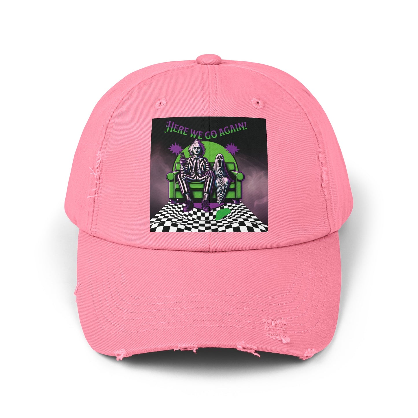 Beetlejuice 2 Inspired Here We Go Again Horror Fun Unisex Distressed Baseball Cap Hat