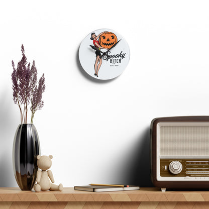 Spooky B!tch Co Est 1692 50's Style Woman Holding Pumpkin Halloween Gothic Fun Witch Acrylic Wall Clock Multiple styles