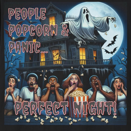 People Popcorn & Panic Horror Movie Fun Unisex Soft style T Shirt Mens Womens